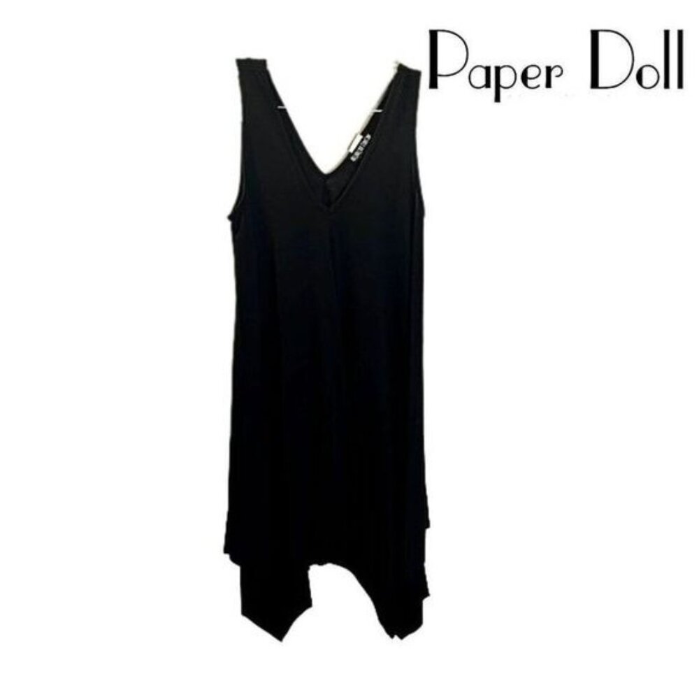 PAPERDOLL Women's Double V neck Sleeveless Sharkbite Hem Black‎ Dress